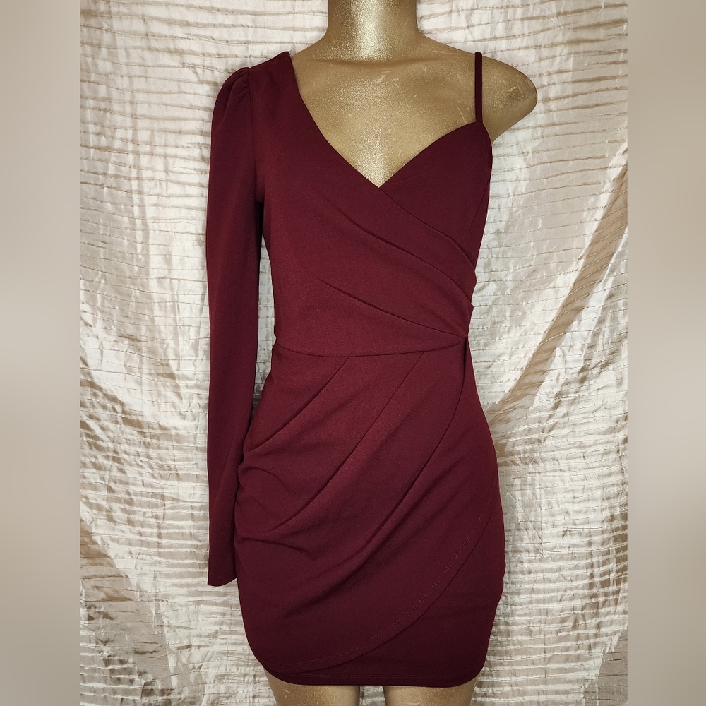Lulus Keep Things Stylish Burgundy Asymmetrical Faux-Wrap Mini Dress
